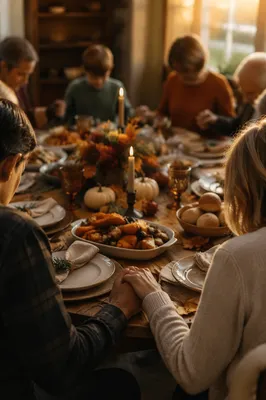 Thanksgiving Family Prayer at Rustic Dinner Table