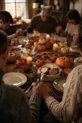 Thanksgiving Family Prayer Around Farmhouse Table