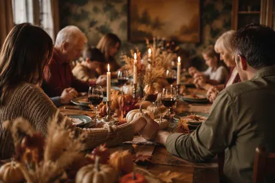 Thanksgiving Family Prayer at Rustic Dinner Table