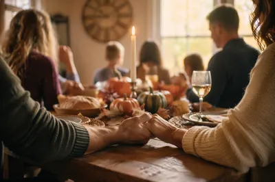 Thanksgiving Family Prayer at Rustic Dinner Table