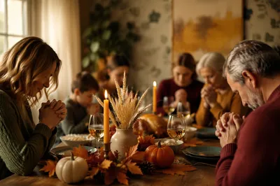 Thanksgiving Family Prayer at Rustic Dinner Table
