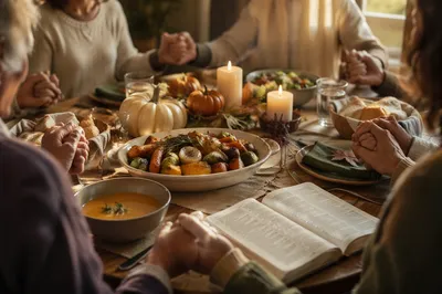 Thanksgiving Family Prayer Around Rustic Dinner Table