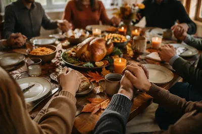 Thanksgiving Family Prayer Around Rustic Dinner Table
