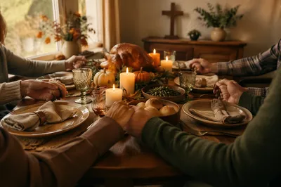Thanksgiving Family Prayer at Farmhouse Table