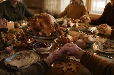 Thanksgiving Family Prayer Around Autumn Dinner