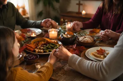 Thanksgiving Family Prayer Around Rustic Dinner Table
