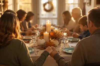 Thanksgiving Family Prayer Around Autumn Dinner Table