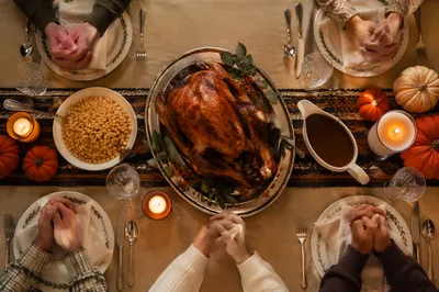 Thanksgiving Family Prayer Dinner Table Overhead