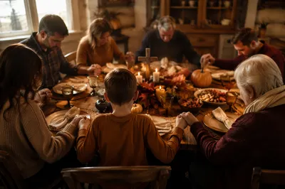Thanksgiving Family Prayer Around Rustic Dinner Table