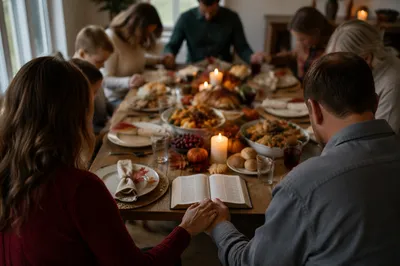 Thanksgiving Family Prayer Around Rustic Dinner Table