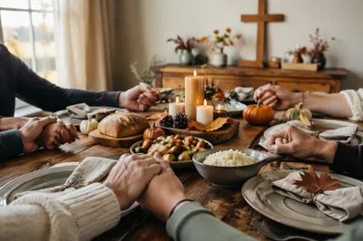 Thanksgiving Family Prayer Around Rustic Dinner Table
