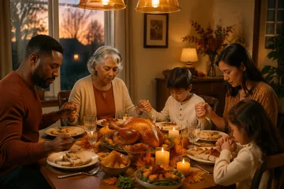 Family Praying at Thanksgiving Dinner Table