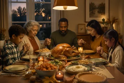 Family Praying Around Thanksgiving Dinner Table