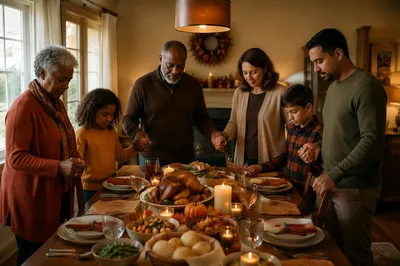 Family Holding Hands Before Thanksgiving Dinner