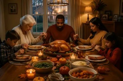 Family Praying at Thanksgiving Dinner Table