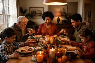 Family Praying Before Thanksgiving Dinner