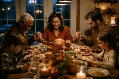 Family Holding Hands at Thanksgiving Dinner