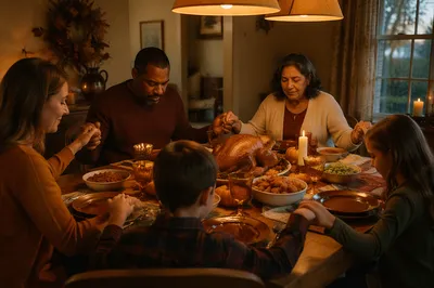 Family Holding Hands at Thanksgiving Dinner