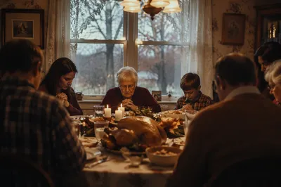 Thanksgiving Family Prayer Around Candlelit Dinner Table