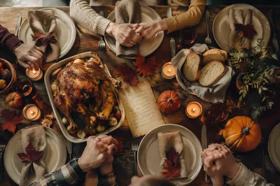 Thanksgiving Family Prayer Around Rustic Dinner Table