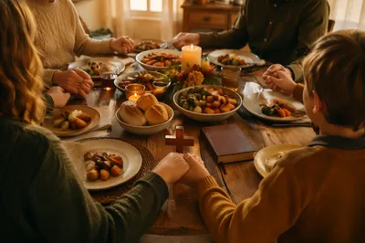 Thanksgiving Family Prayer Around Rustic Dinner Table