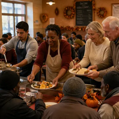 Volunteers Serving Thanksgiving Meal in Shelter