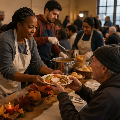 Volunteers Serving Thanksgiving Meal in Shelter
