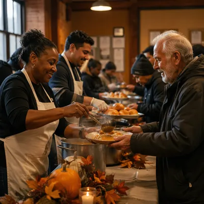 Volunteers Serving Thanksgiving Dinner in Shelter