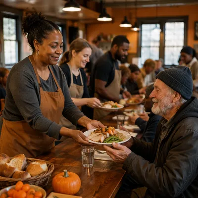 Volunteers Serving Thanksgiving Dinner at Shelter