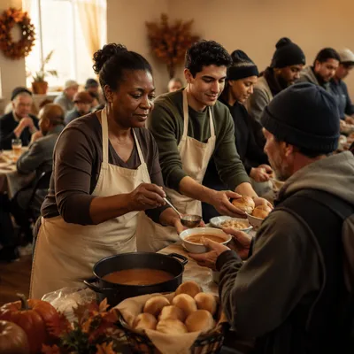 Volunteers Serving Thanksgiving Meal at Shelter