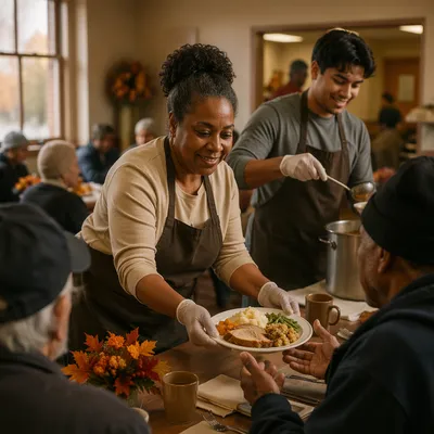 Volunteers Serving Thanksgiving Meal in Shelter