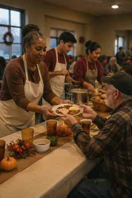 Volunteers Serving Thanksgiving Meal in Shelter