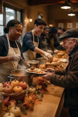Volunteers Serving Thanksgiving Dinner in Shelter Hall