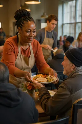 Volunteers Serving Thanksgiving Dinner at Community Shelter