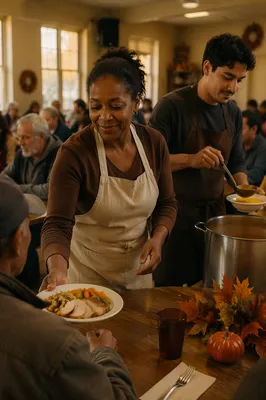 Volunteers Serving Thanksgiving Meal in Shelter Hall