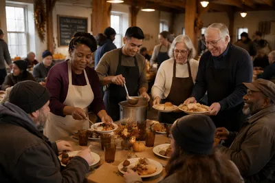 Volunteers Serving Thanksgiving Meal in Shelter