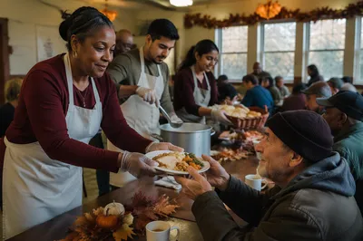 Volunteers Serving Thanksgiving Meal in Shelter Hall