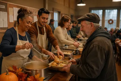 Volunteers Serving Thanksgiving Dinner in Shelter Hall