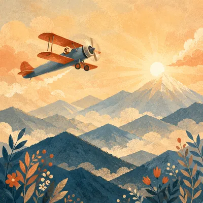 Vintage Biplane Over Radiant Mountaintop Glory