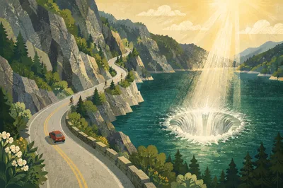 Mountain Road Radiance Beside Emerald Reservoir