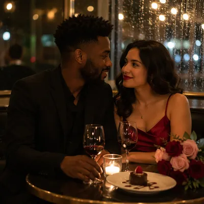 Romantic Couple Dinner by Rainy Window