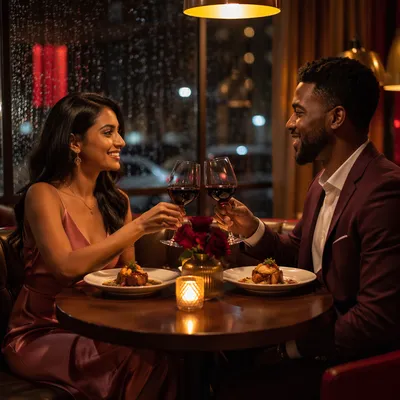 Romantic Couple Dinner by Rainy Window