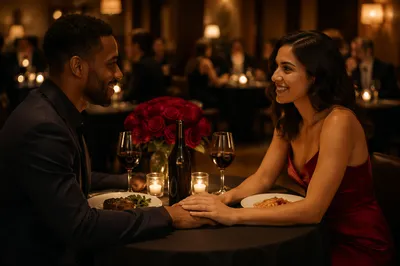 Romantic Couple Dinner in Candlelit Restaurant