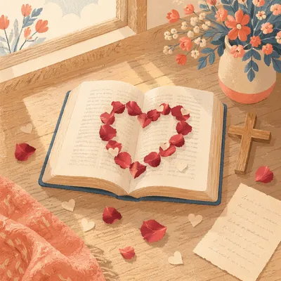 Open Bible with Rose Petal Heart