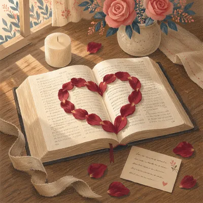 Heart Shaped Rose Petals on Open Bible