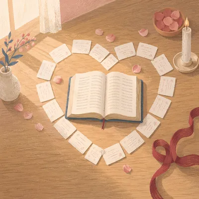 Heart Shaped Cards Around Open Bible