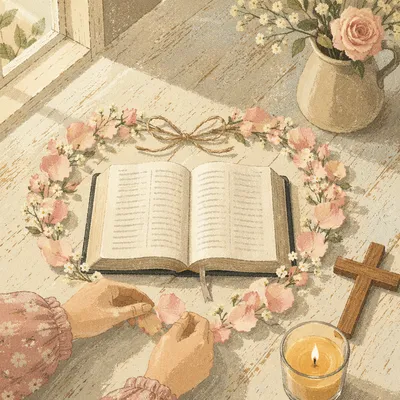 Open Bible with Heart Petal Wreath