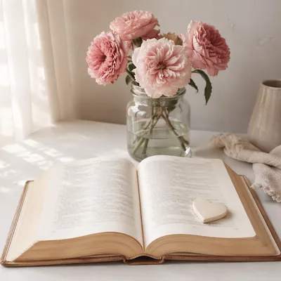 Open Bible with Pink Flowers and Heart