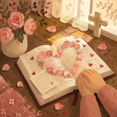 Open Bible with Valentine Heart Petals