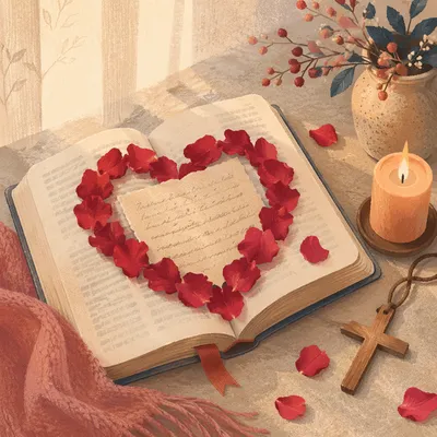 Heart Shaped Rose Petals Over Open Bible